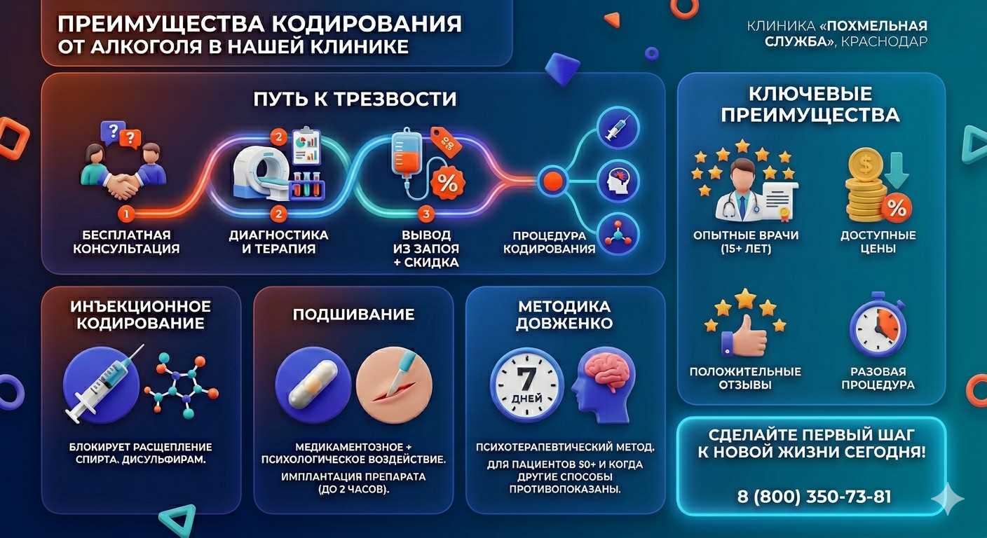 Инфографика о методах кодирования от алкоголя в Удачном: инъекции, подшивание, метод Довженко. Преимущества клиники и этапы лечения.